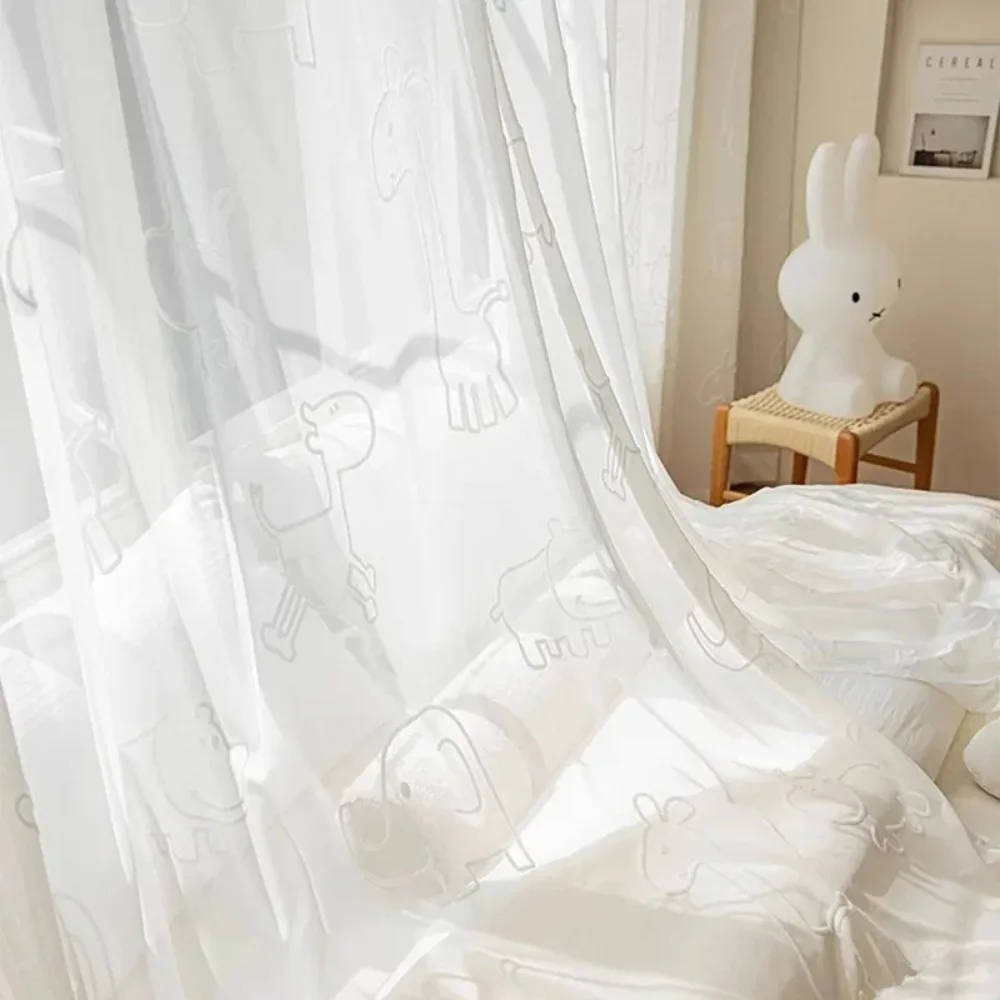 Cartoon Animal Embossed Flocking Tulle Kids Curtains Giraffe Elephant Jacquard Design Sheer Window Curtains for Boys Girls Room