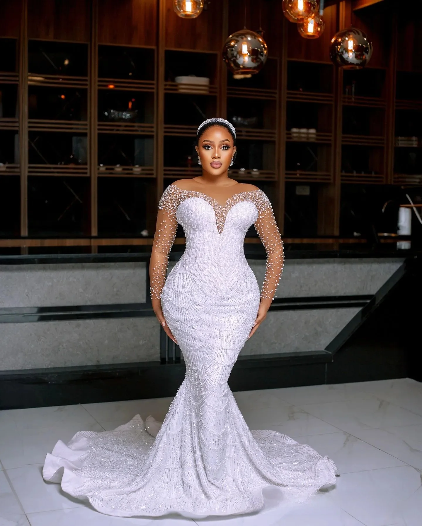 Customized Plus Size Wedding Dress Bride Mermaid Wedding Gowns Detachable Train Illusion Sheer Neck Long Sleeves Pearls Dresses