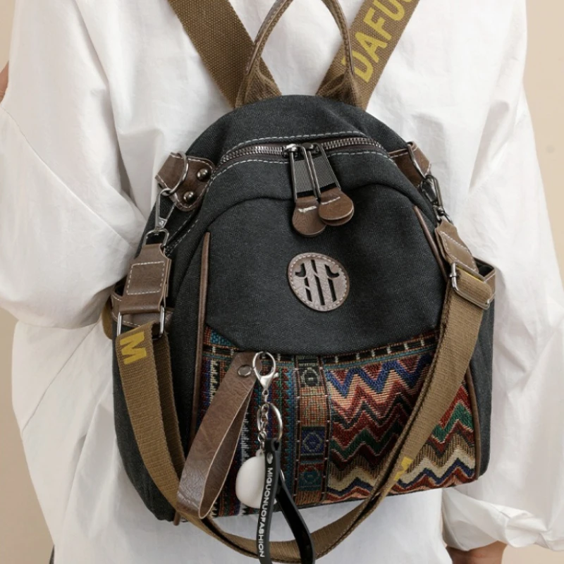 Vintage Ethnic Print Canvas Backpack for Women Multi‑Purpose Convertible Shoulder Crossbody Bag ,Multi Pocket Lightweight Travel