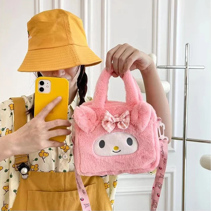 Hello Kitty Sanrio Plush Bag Kuromi Melody Cartoon Anime Portable Handbag Crossbody Cosmetic Kawaii Storage Bag Women Girls Gift