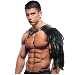 Feather Cloak Halloween Medieval Man Gothic Shoulder Armor Black PU Leather Harness Armour Cape Pirate Vampire Cosplay Costume