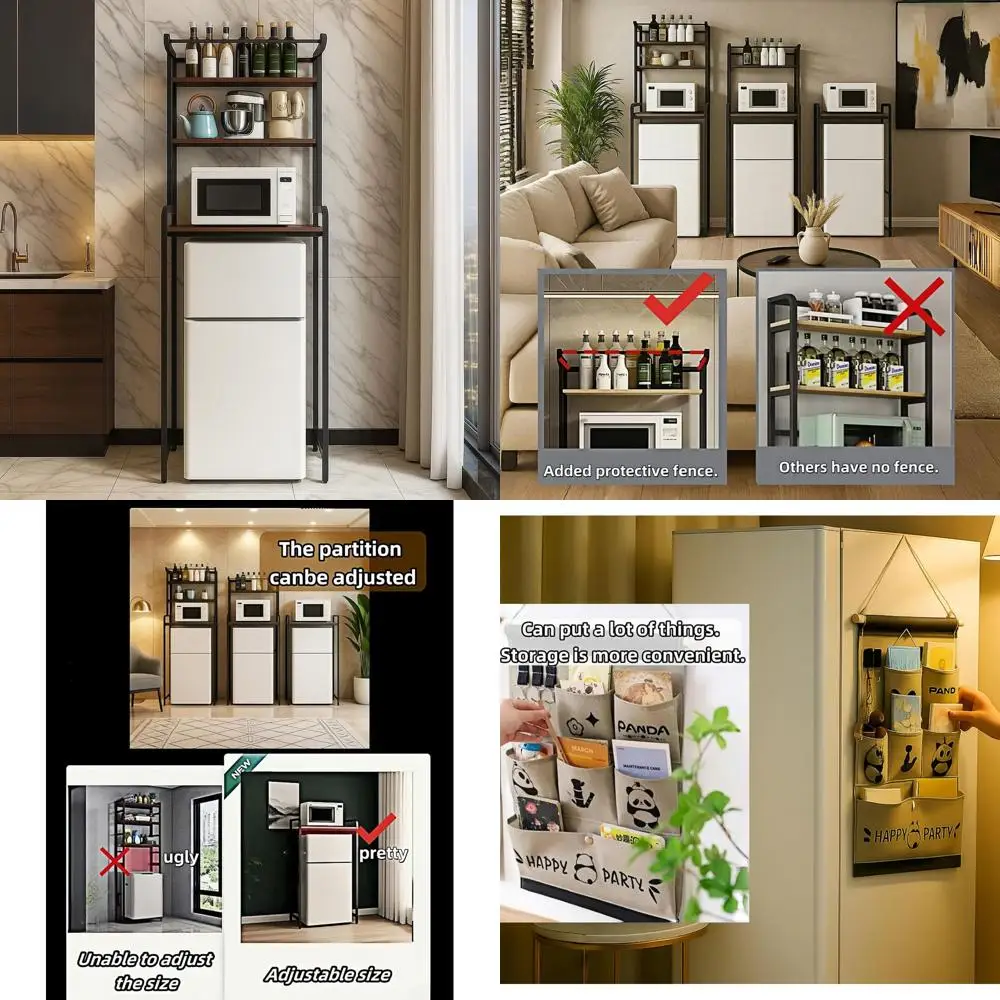 

Регулируемый деревянный и металлический мини-холодильник и полка для микроволновой печи, компактная кухонная полка для хранения с бесплатной подвесной сумкой (23,6 л x 19,7 В x 7