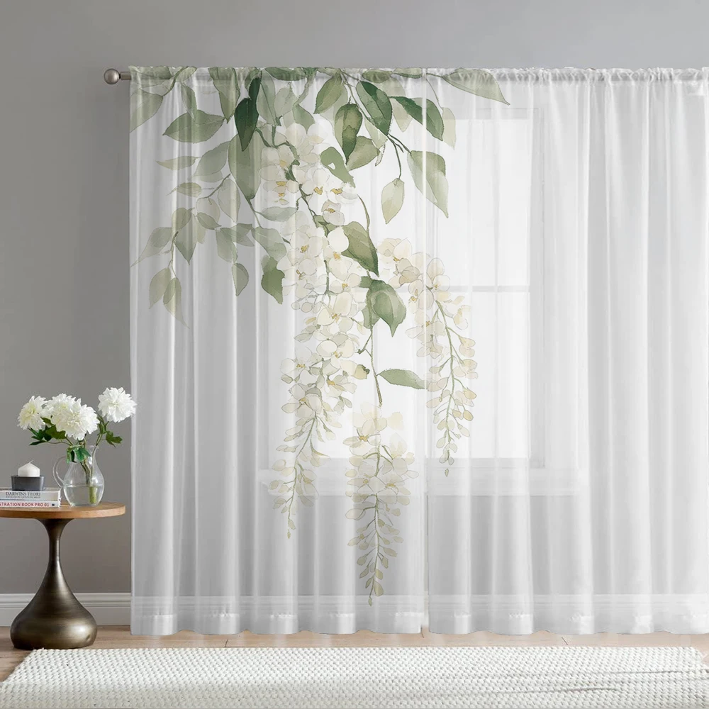 2Pcs Green Leaf Hanging Branch White Flower Print Home Decoration Window Screens Suitable For Coffee Shops, Restaurants