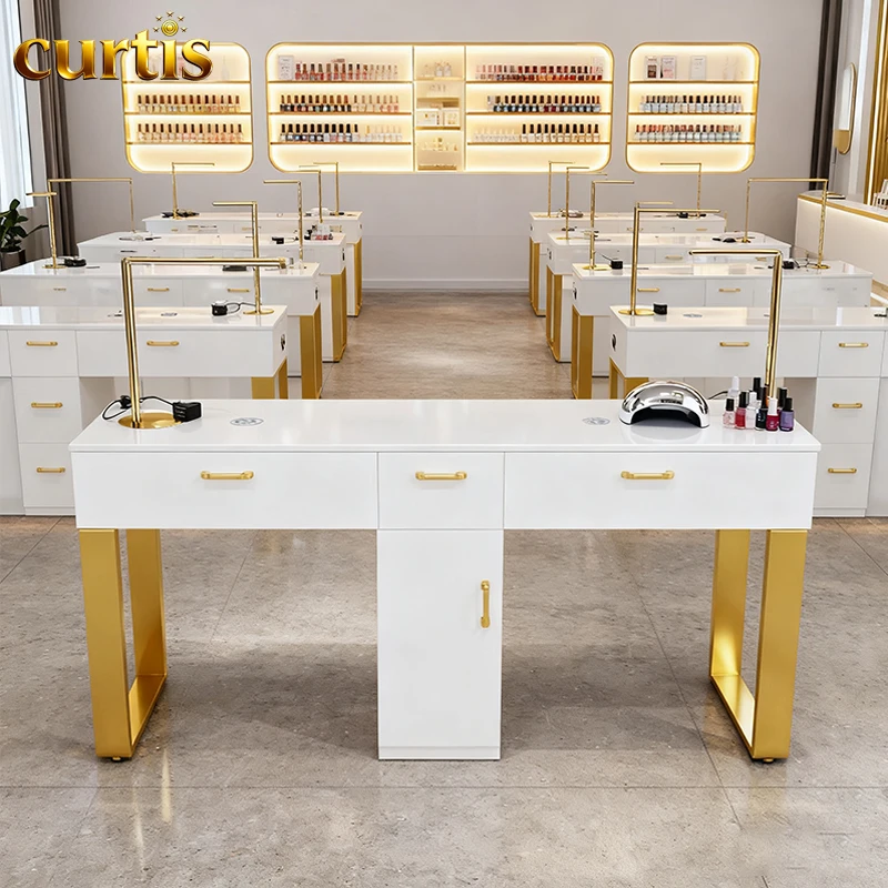Triple Seat Gold Modern Salon Nail Care Manicure Table Set LED Light Marble Table Top Built-in Dust Collector