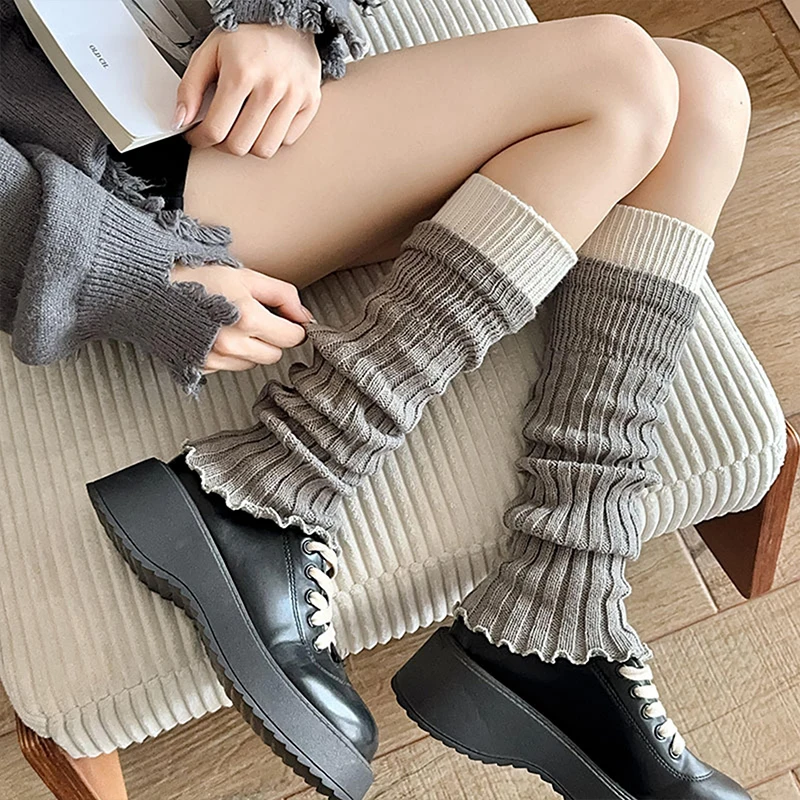 Women Punk Style PU Rivet Knitted Lolita Socks Winter Leg Warmers Breathable Mid-calf Socks