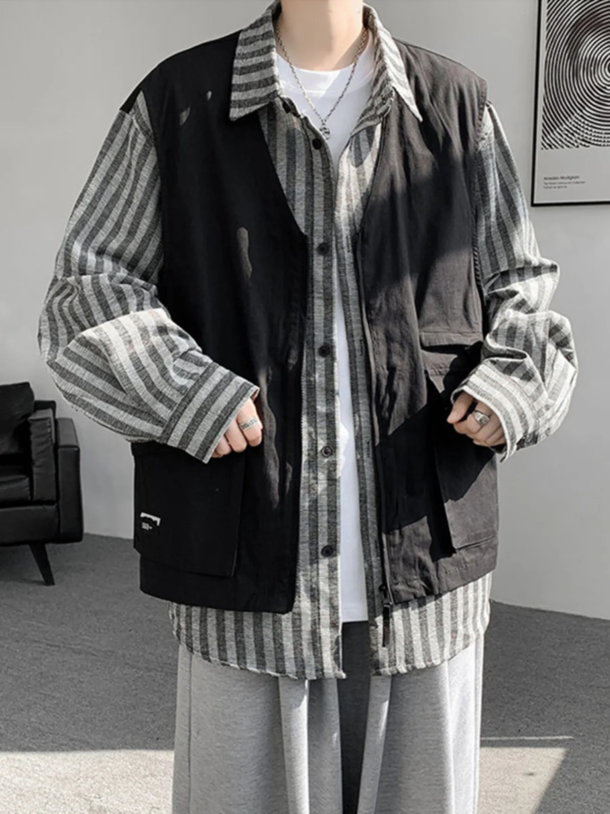 

plus Size Men's Long Sleeve Shirt Spring Autumn Plaid Patchwork Workwear Shoulder Pad Vest Jacket Loose Fit Youth Fashion