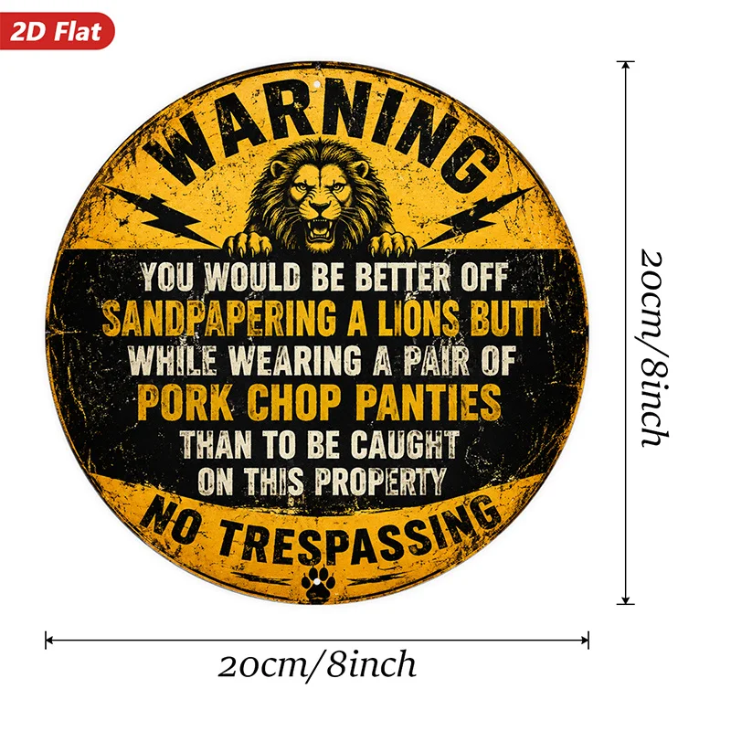2D Flat, 1pc Warning Lion Sign Round Metal Sign Wall Art, Roaring Lion Head, Home Decor, Distressed Black And Golden, Bold Warni