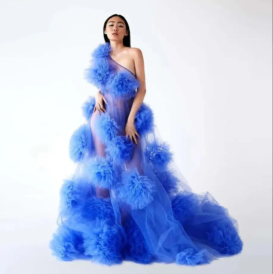 Blauwe 3d Bloemen Chique Vrouwen Jurk Foto Shooting Jurken Zie Via Een Schouder Met De Hand Gemaakt Bloem Prom Party Jurken Op Maat
