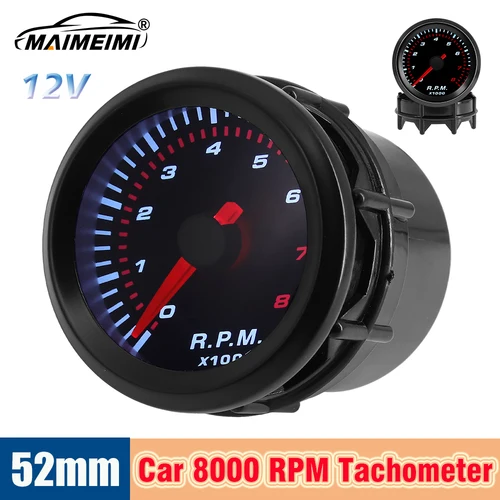 Medidor de RPM 2 ""52mm tacómetro Universal para coche medidor de Led blanco puntero tacómetro lente de humo tacómetro de 0-8000 RPM