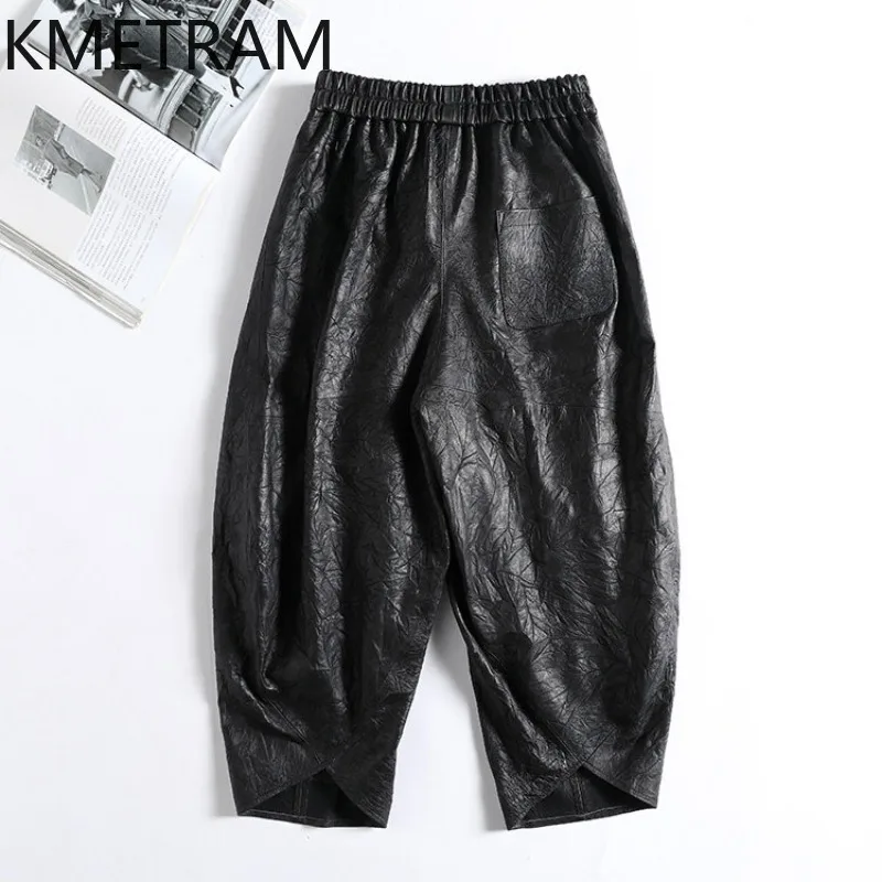 KMETRAM Genuine Leather Pants Uncoated Crinkled Sheepskin Large Harem Trousers Ankle-Length Pants for Woman Pantalones Loose