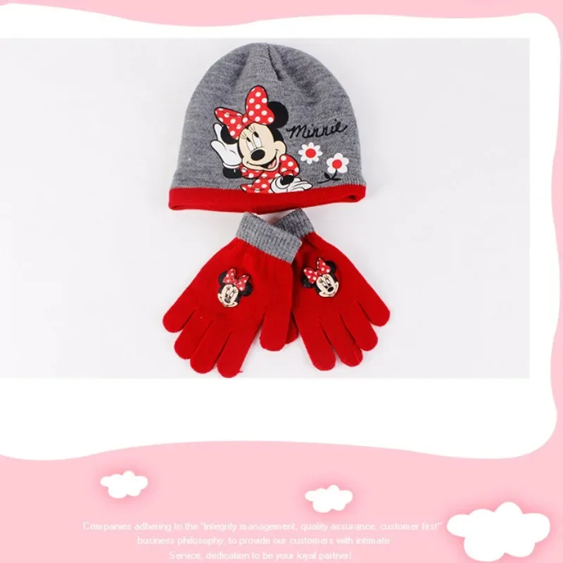 Disney Minnie Mouse Knitted Hat Gloves Set Cartoon Sweet Kids Beanie Cap Girl Skullies Hat Girl Outdoor Winter Warm Accessories