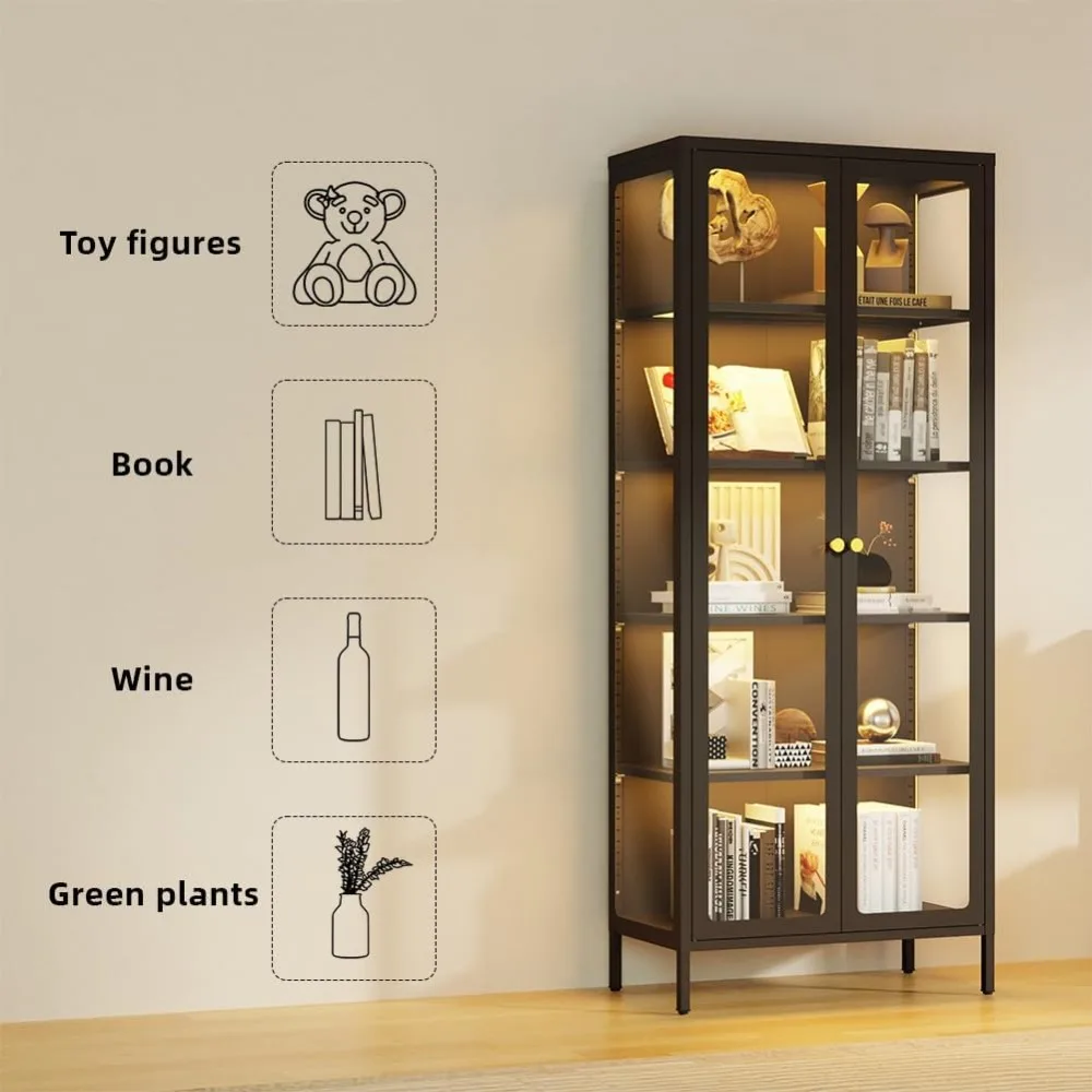 خزانة عرض بأبواب زجاجية، خزانة تحف 5 طبقات مع أرفف قابلة للتعديل، 21 حافظة عرض أضواء ملونة يمكنك صنعها بنفسك للتجميع