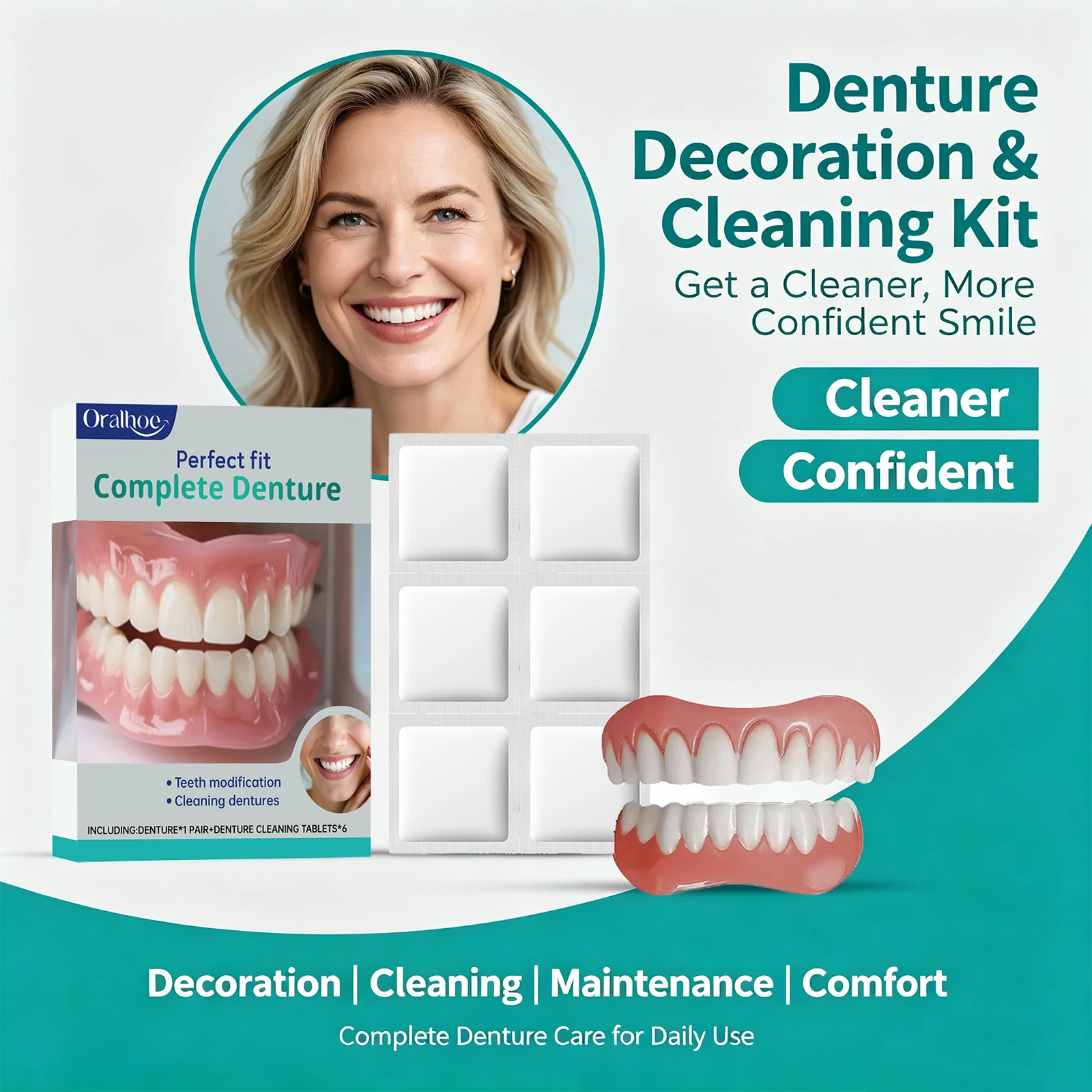 Cosmetic Complete Denture Kit with Denture Cleaning Tablets for Covering Missing Stained Teeth Upper & Lower Cosmetic Dentures