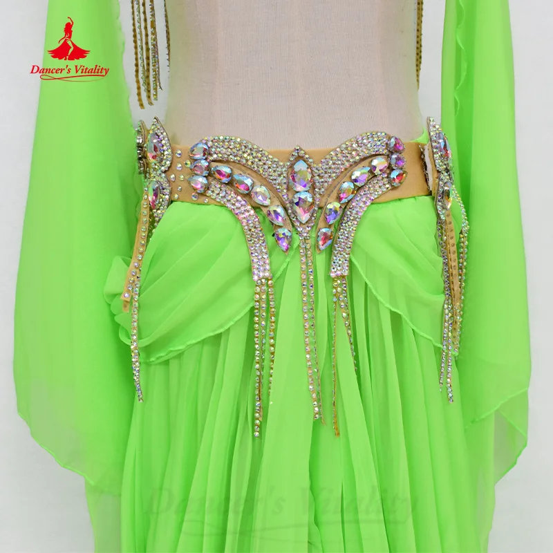 Bellydance Clothing Suit Customized Senior AB Stones Bra+Sexy Chiffon Split Long Skirt 2pcs Oriental Dance Performance Costumes