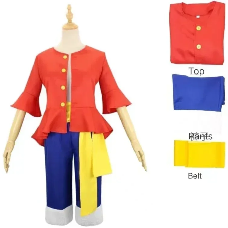 2026 New cosplay costume set, pirate style red vest+blue shorts+straw hat, anime enthusiast cosplay event full outfit