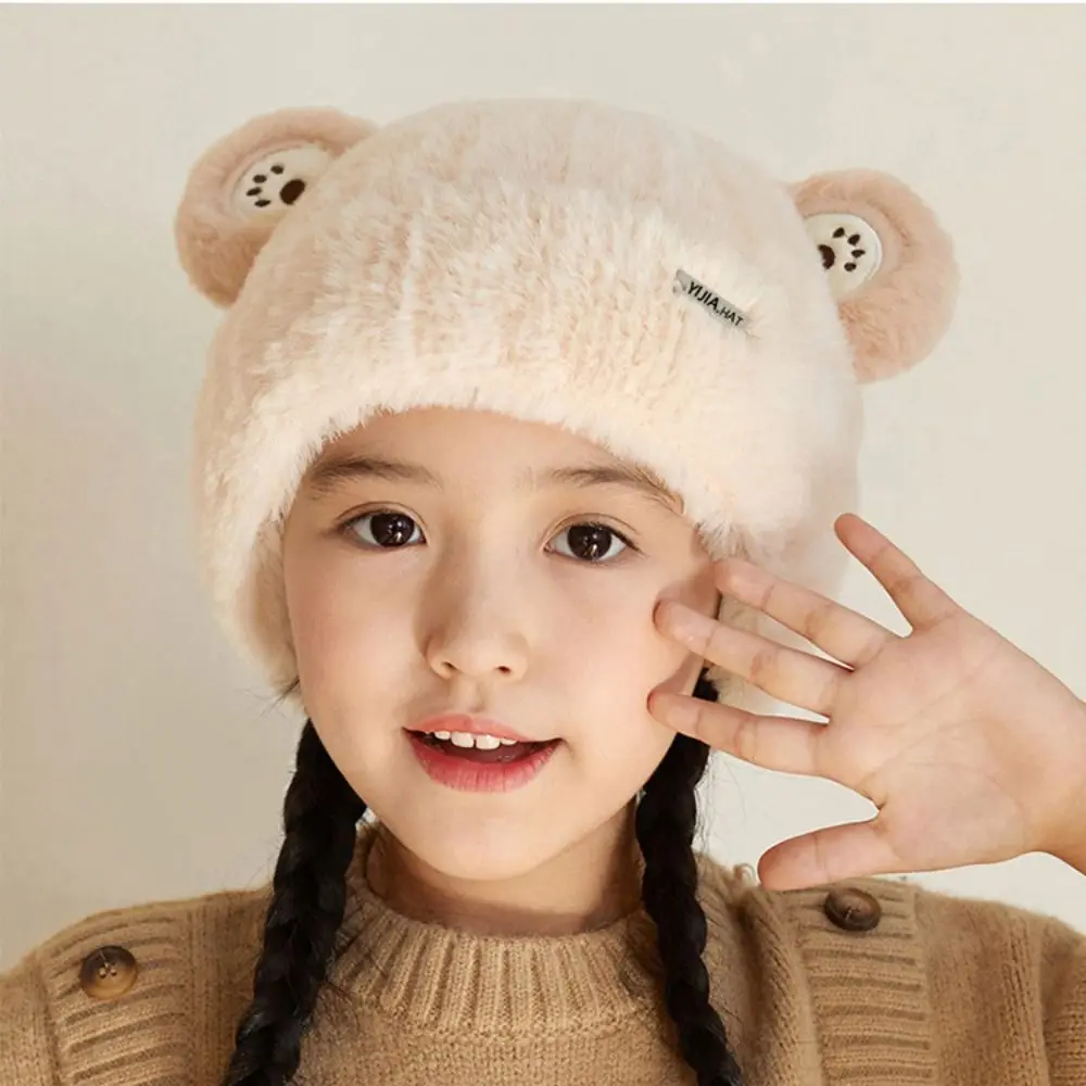 New Little Bear Ear Winter Kids Knitted Beanie Anti Cold Thicken Earflap Hat Plush Girls Ear Protection Cap Children