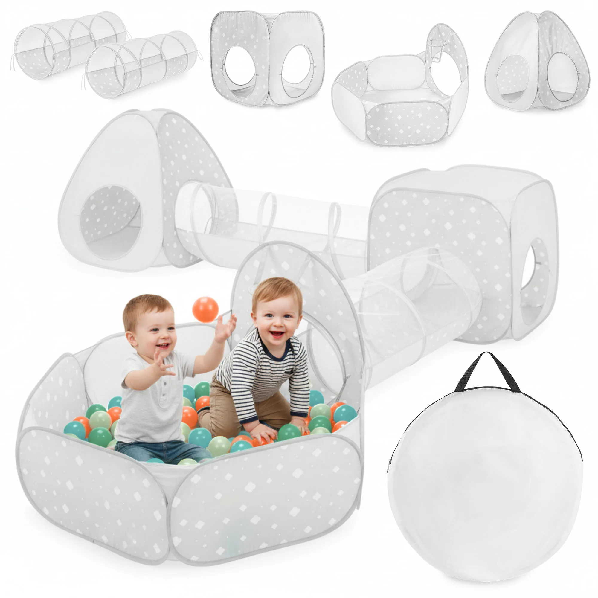Mamabrum 5-in-1 speelset, snel op te zetten, 120 cm lange tunnels – twee tenten, zwembad zonder ballen, diverse opstellingen, voor in de kamer en de tuin, met afdekhoes en handvat, gemakkelijk schoon