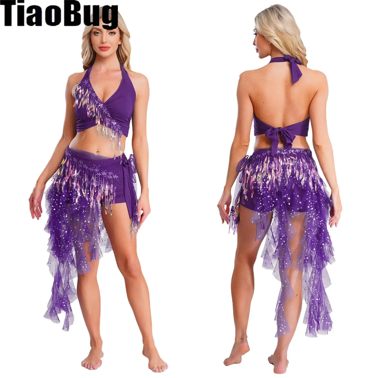 

Womens Belly Dance Sets Gradient Sequin Lace-up Crop Top Hip Scarf Cascading Split Sequined Tulle Skirt And Safety Shorts