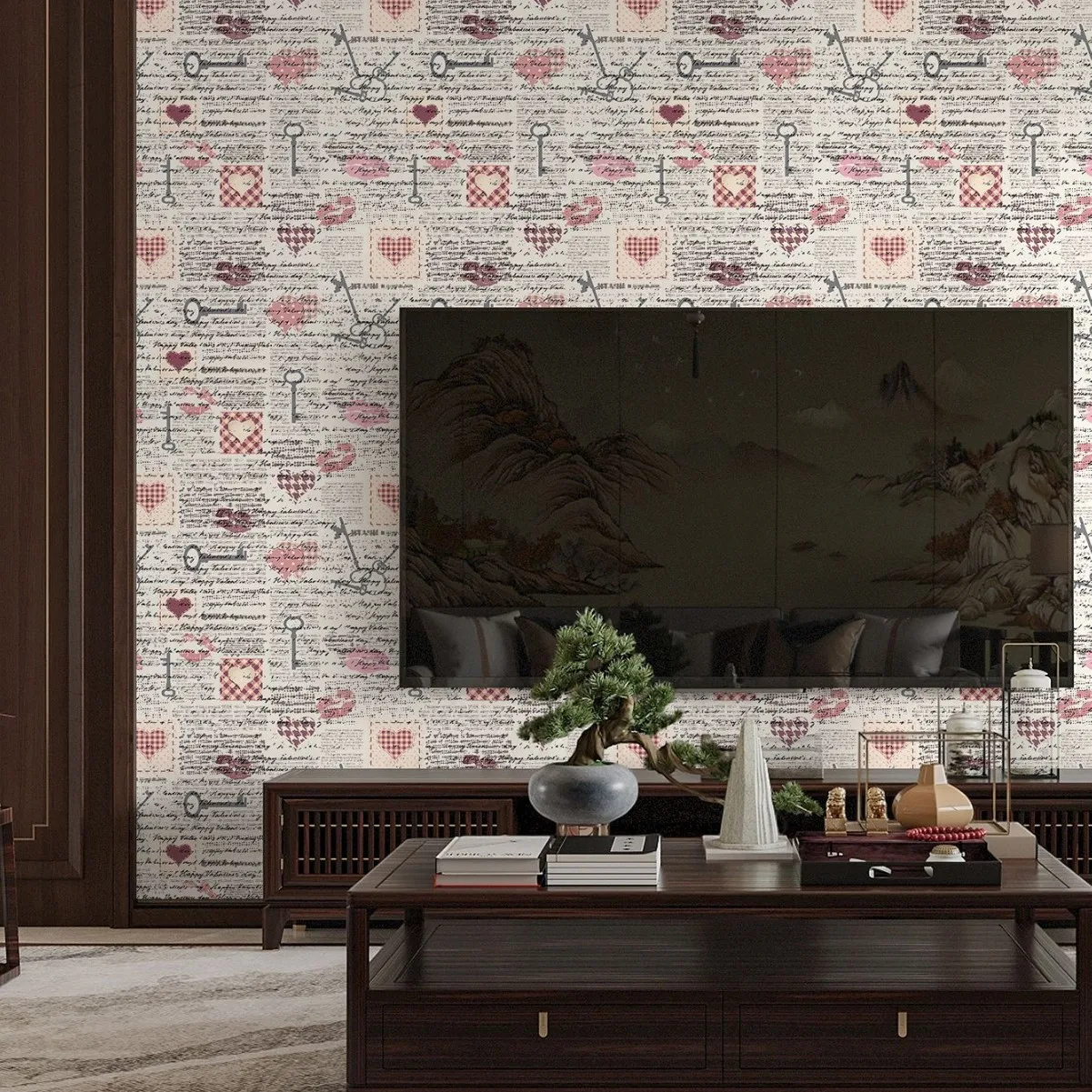 

Vintage Love Letter Peel and Stick Wallpaper, Heart Key Removable Wall Mural, Self-Adhesive Romantic Contact Paper for Bedroom