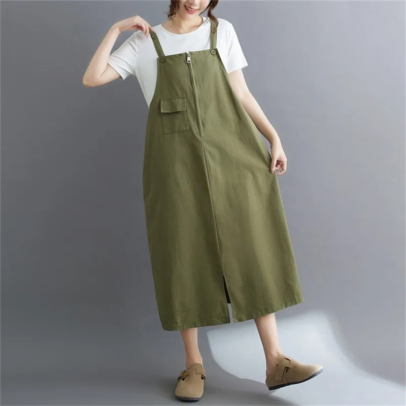 Johnature Summer 2024 New Japanese Korean Retro Loose Dress Casual Solid Color Strap All Match Simple Pockets Women Dresses