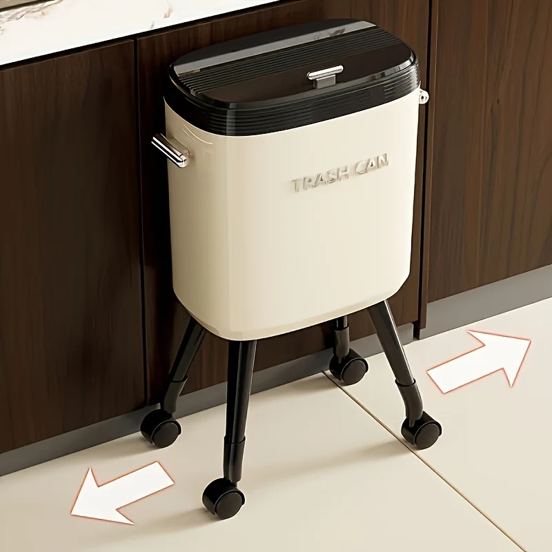 Mobile Trash Can With A High Leg Design, Featuring Wheels For Easy Use Without Bending. It Includes Detachable Inner And Outer Buckets, Silent Swivel Casters, And Is A Large-Capacity Option For Kitchens, Ideal For Daily Cleaning In Living Rooms