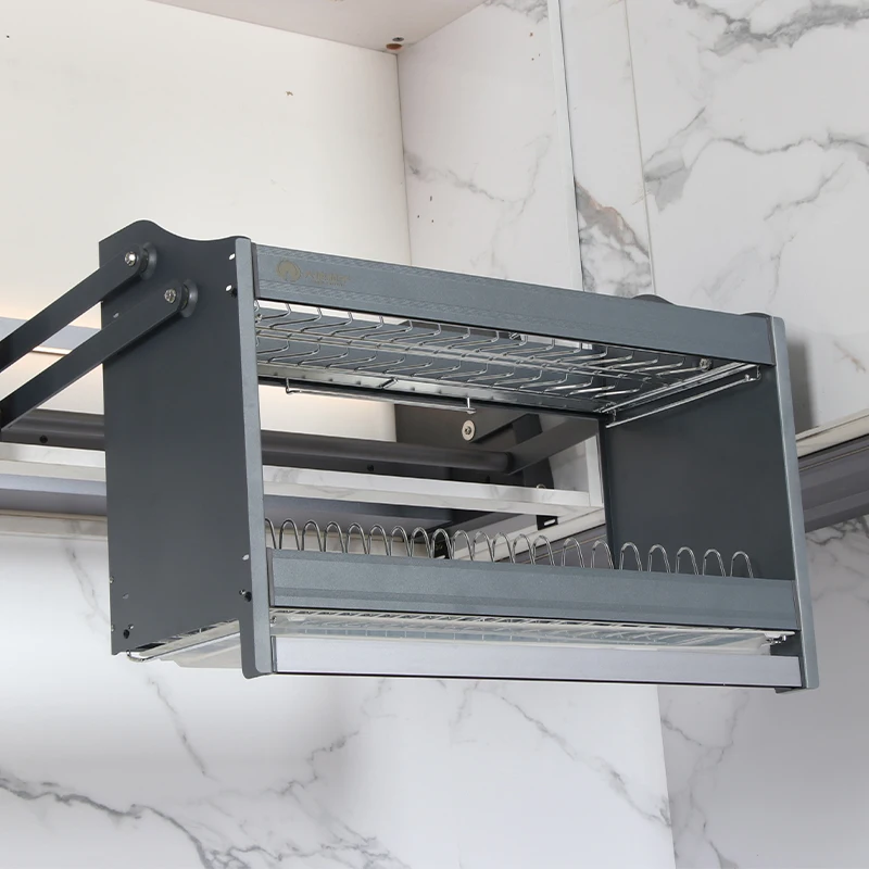 Stainless Steel Aluminum Storage Automated Lifting Basket Kitchen Cabinet Wall Mount Hanging Automated Basket