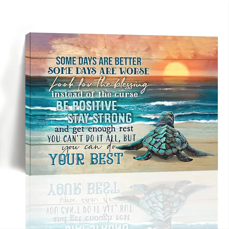 1 PC Vibrant Wooden Framed Canvas Painting - Bathroom Sea Turtle Wall Art with Inspirational Quotes, Ocean Beach Pictures