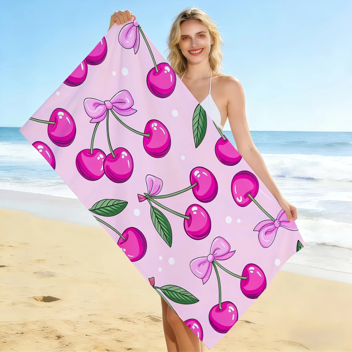 1pc cherry printed beach towel, absorbent and quick drying towel, ultra-fine fiber swimming beach towel,
