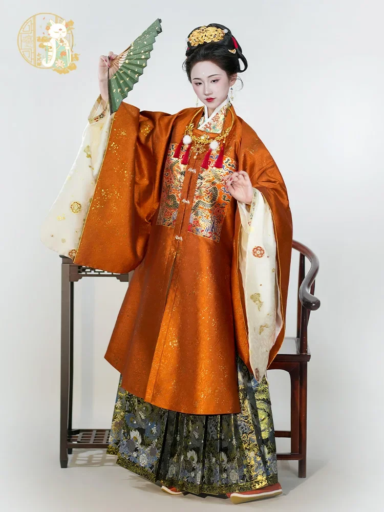 Original Ming Dynasty Hanfu Autumn and Winter Square Collar Half Sleeve Mending Dress Cross Collar Long Coat Horse Face Skirt