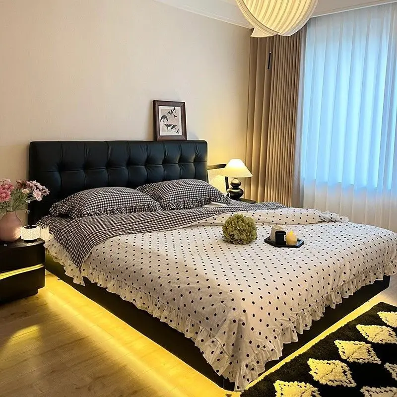 Estilo italiano, diseño, capa superior de piel de vaca, gofre, dormitorio, bolsa suave, suspensión de cama, estructura