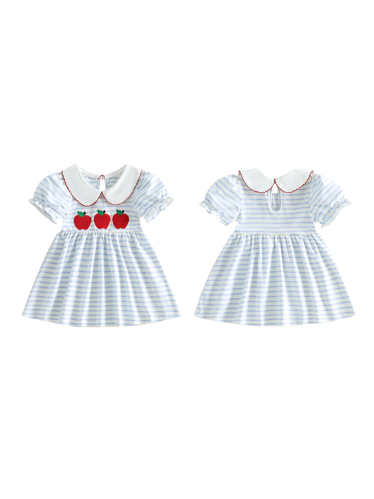 

Cute Toddler School Dress with Embroidered Apple Design Striped Pattern Doll Collar and Short Sleeves for a Stylish Look