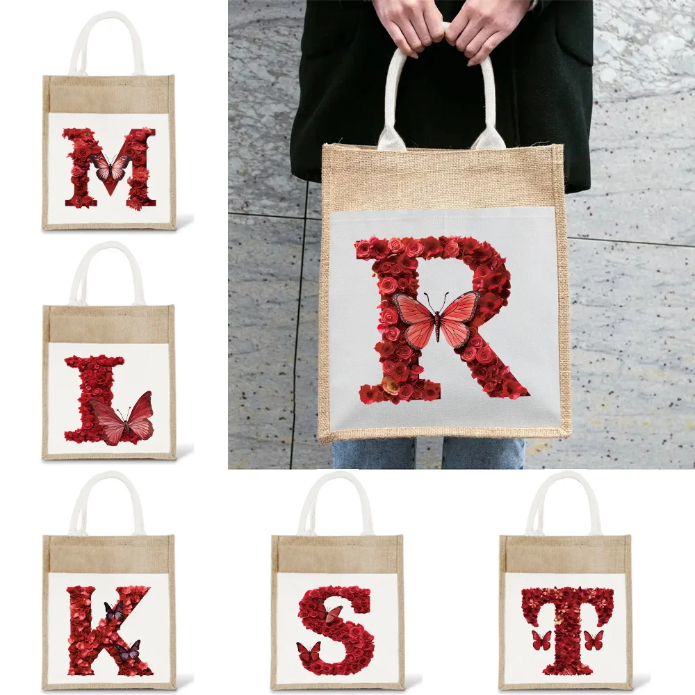 

Tote Bag Environmental Jute Shopping Bag Portable Large Capacity Beach Bag Lightweight Grocery Storage Bags Red Rose Series