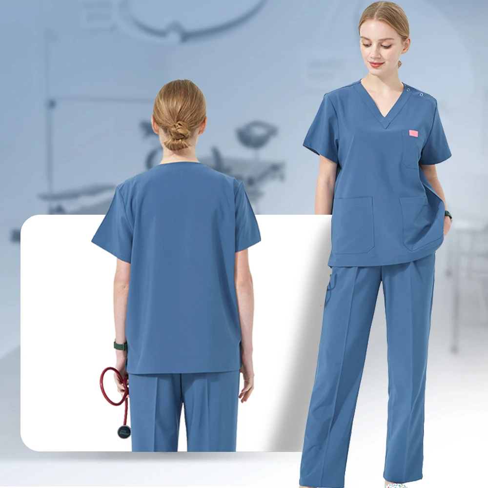 Women V-Neck Doctor Clothing Medical Uniform Quick Dry Dentist Scrub Sets Surgeon Work Suit Beauty Salon Chef Vet Overalls S0301