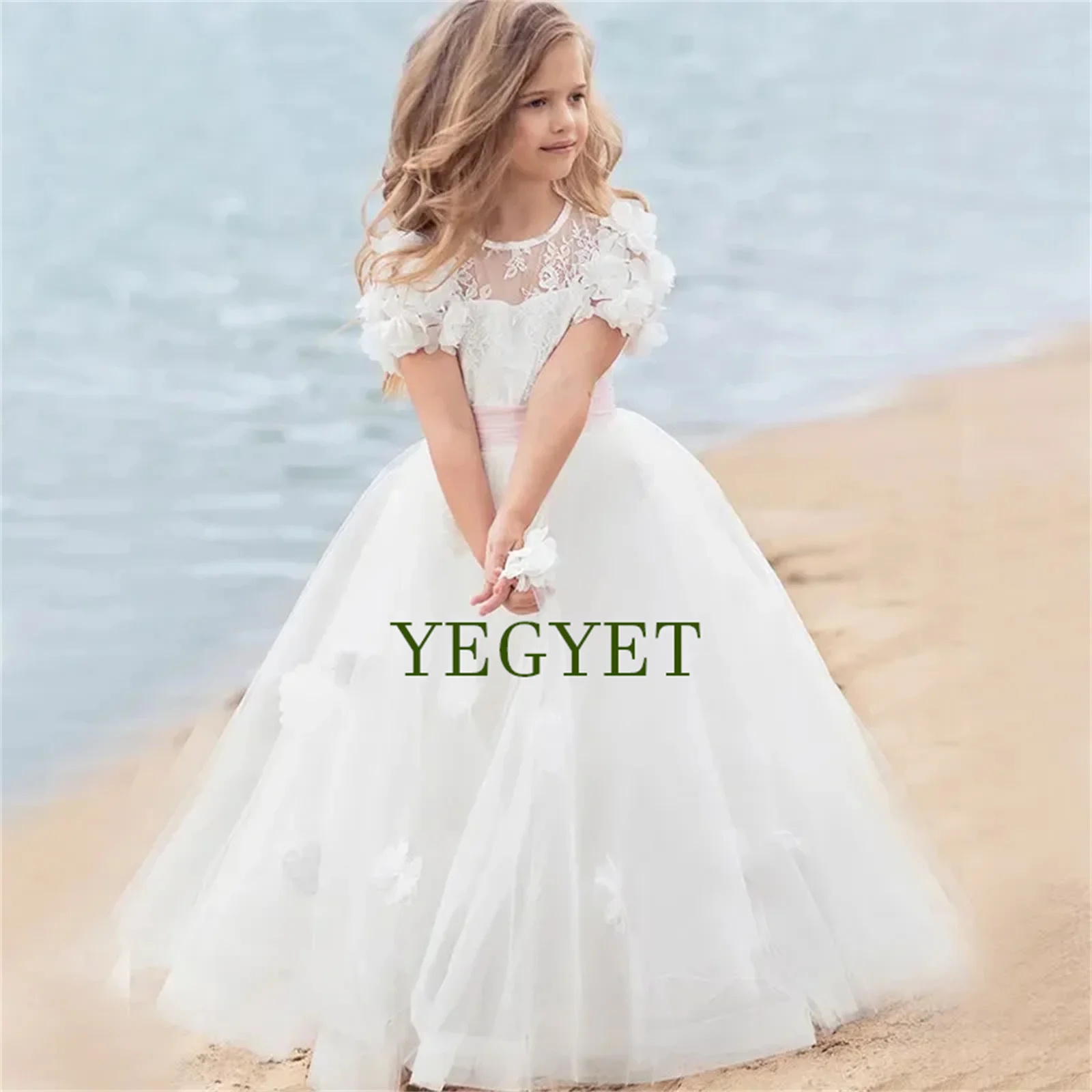 

Cheap Lace Flower Girl Dresses 3D Appliques Tulle For Wedding First Communion Kids Birthday Party 2-14 Years