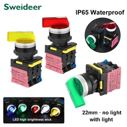 Knob Switch with LED 22mm 1NO/2NO/1NO1NC 2/3 Position Self Locking Long Handle Select Rotary Switch with Light 10A Red Green