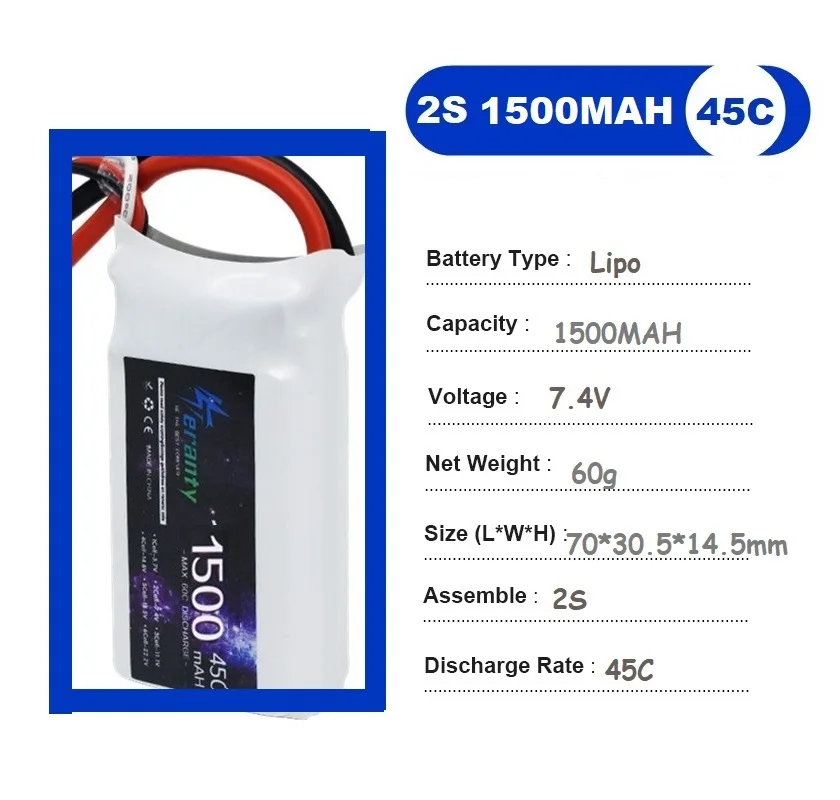 Batteria LiPo 2S 2S 7.4V 1500mAh 45C RC Giocattoli Batterie ricaricabili per RC Elicottero Aereo Auto Barca Quadrotor Drone