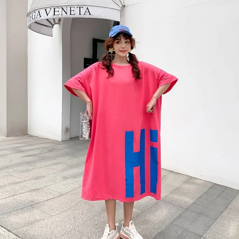 Dresses 2024 New Female Oversized Letter Tshirt Dress Summer Korean Loose O-neck Short Sleeve Pullover Casual Dresses Women\'s