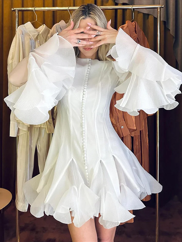 Vintage Flared Sleeve Puffy Mini Dress ผู้หญิงเอว Cinching Single Breasted Slim Party Dresses หญิง Chic Party Holiday