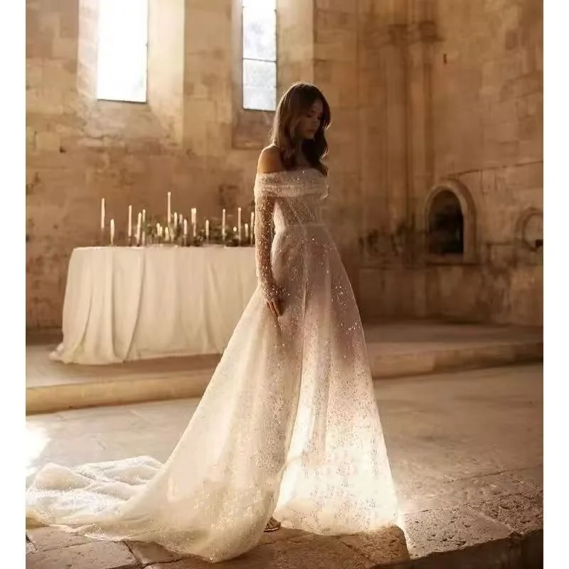 ONELIFE Abito da sposa a trapezio a maniche lunghe con spalle scoperte Abito da sposa con perline Abito da sposa principessa personalizzato Vestido de Noiva