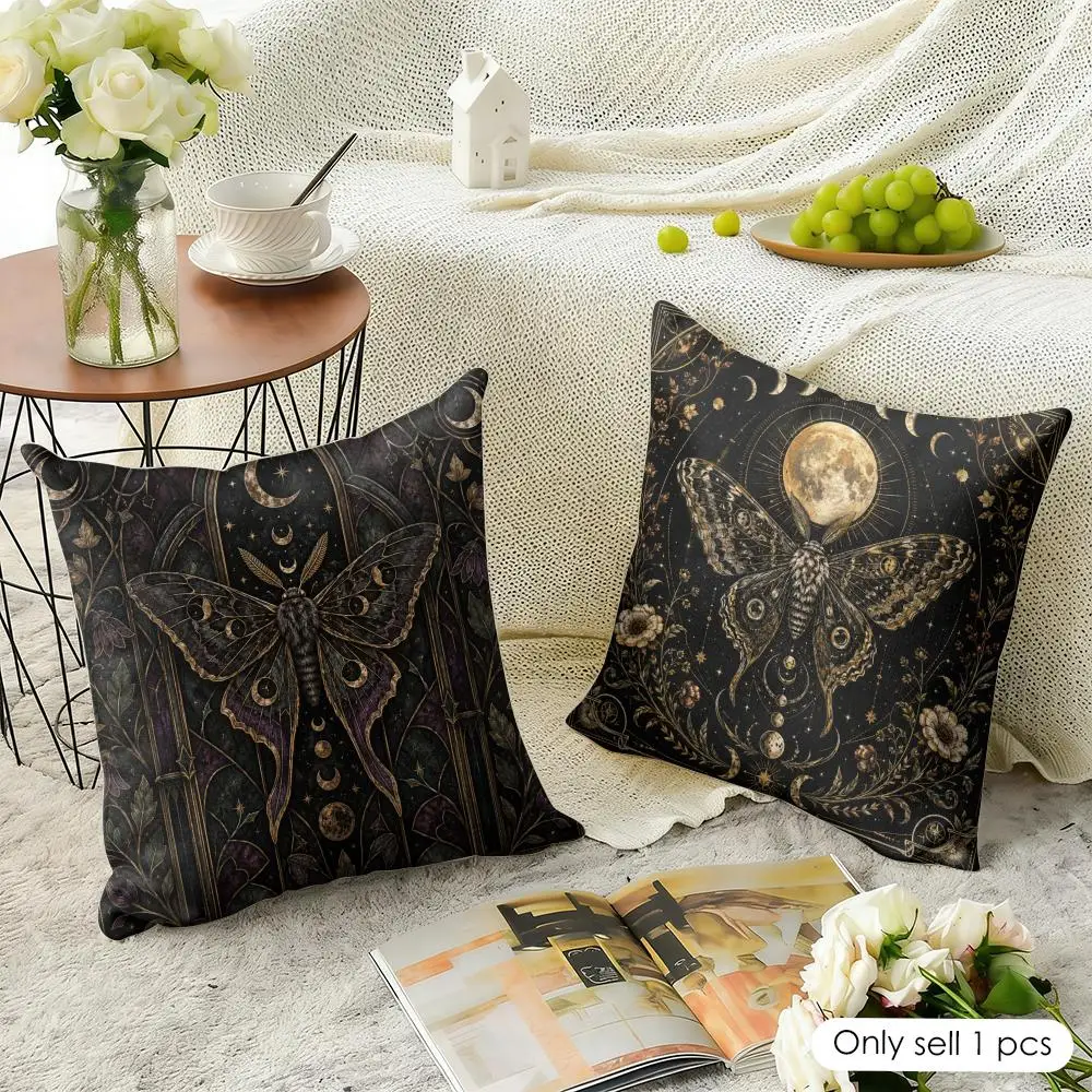 Celestial Moth Cushion Cover Natural Linen Organic Fabric Double-Sided Printing Breathable Perfect For Home Decor