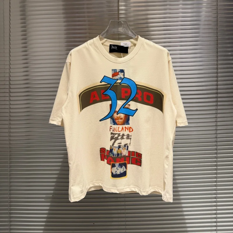 Street Paly Apricot TEEHigh-Quality Casual Lettering Portrait Print Loose-Fit Hip-Hop Short-Sleeve T-Shirt