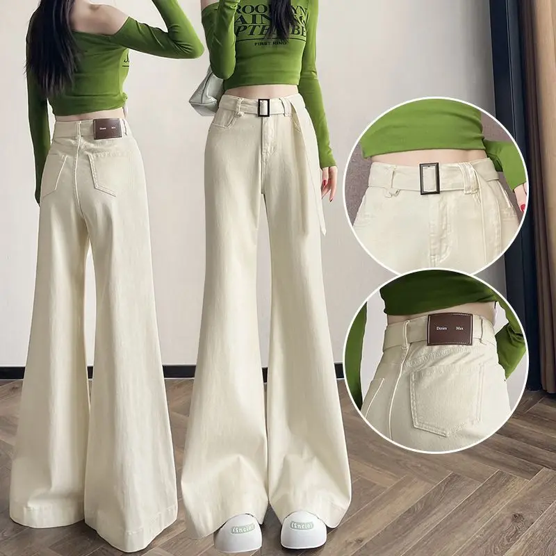 

Micro Flared Jeans Women's Autumn Versatile Loose Wide Leg Bell Bottoms Light Beige Loose Fit Casual Cotton Denim Pants