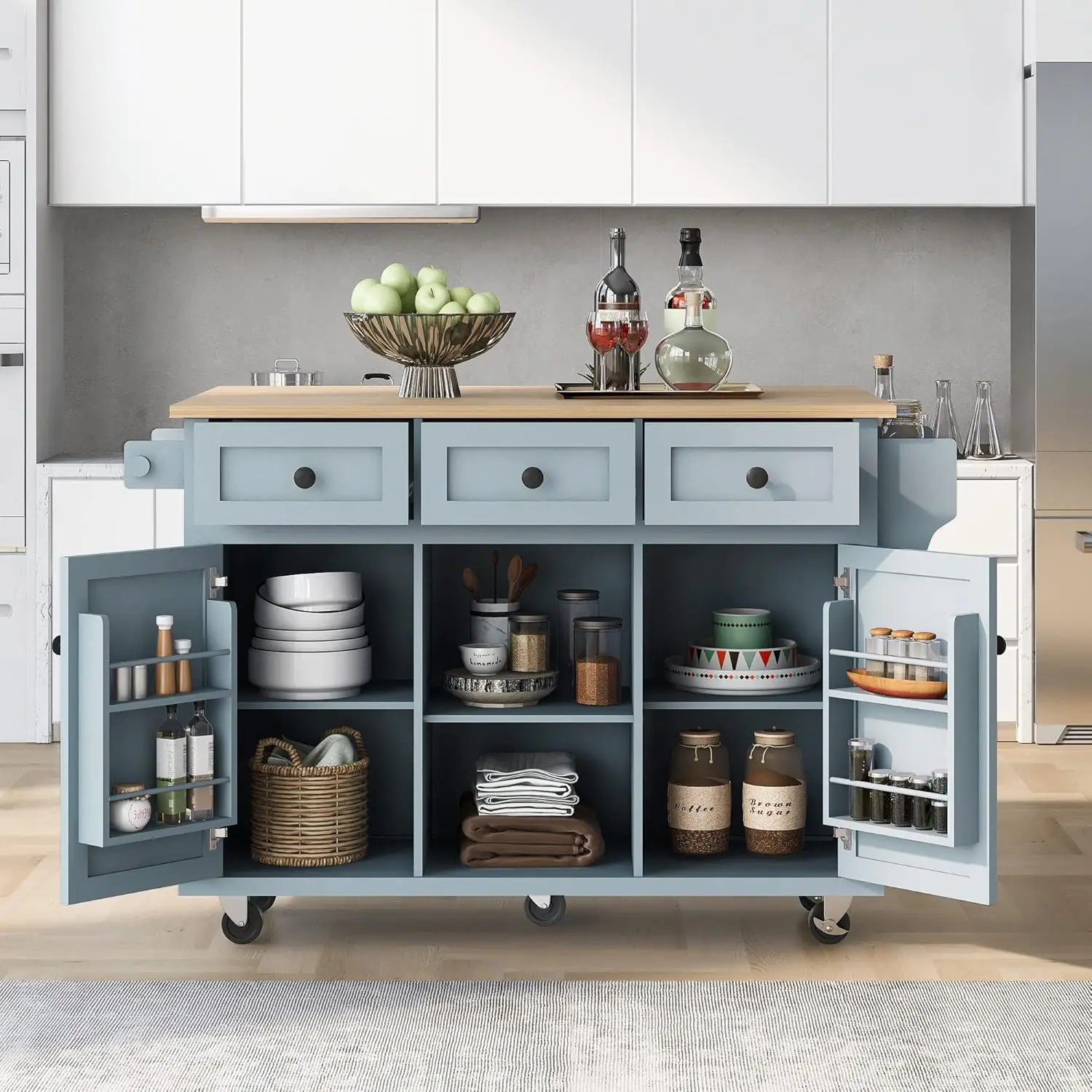 Grey Blue Kitchen Island with Storage Featuring Rubber Wood Drop-Leaf Countertop Cabinet Door Internal Storage Racks