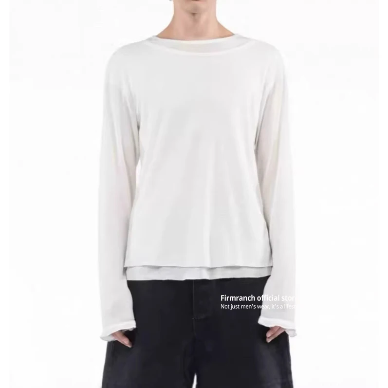 Firmranch Spring Summer High Elastic Black And White Perspective Layering Fake Two Pieces Long Sleeve T-shirt For Men Women