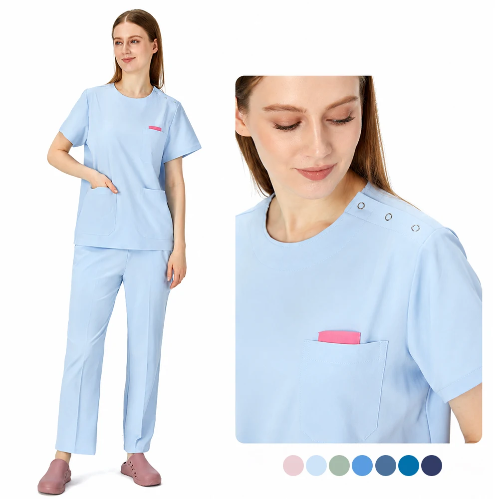 4-Wege-Stretch Damen-Arbeitsuniformen aus Polyester-Spandex, atmungsaktive medizinische Scrubs-Sets, Labor-Klinik-Pflegeanzüge S02
