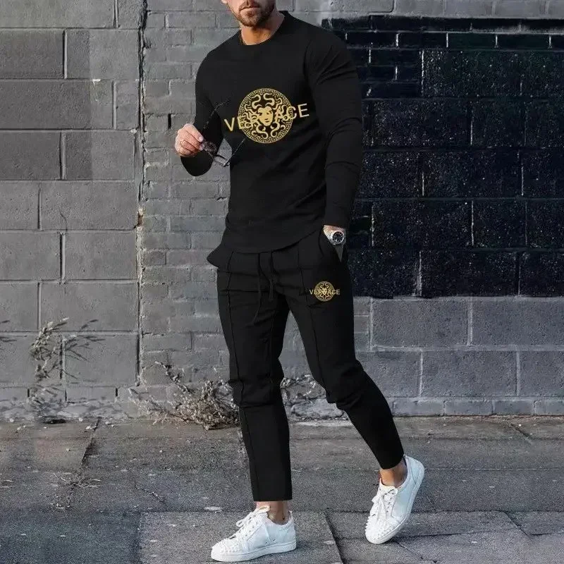 Fashion Luxury Brand Men's Suit 3D Printed Men's Sportswear 2 Pieces Men's Suit Long-sleeved T-shirt + Sweatpants Suit Men