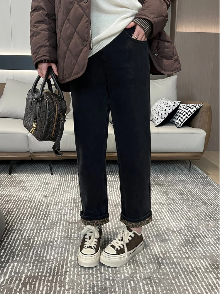 

Джинсы JoJo Private Label с высокой талией, прямые, с леопардовым принтом, с отворотами, фасон «рутабага», больших размеров, утягивающие, джинсовые, MK36