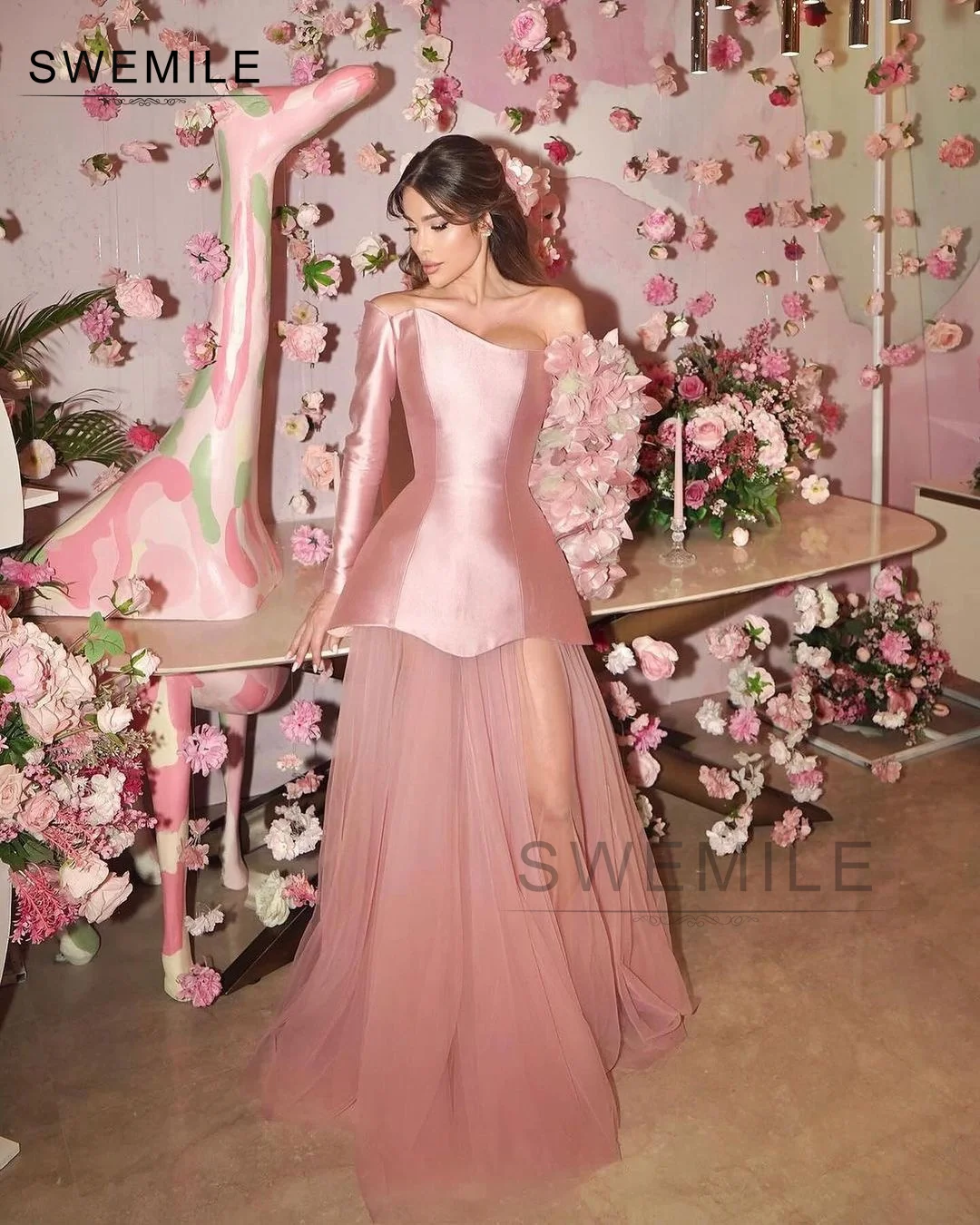 SWEMILE A-Line Sweetheart Floor-Length Long Sleeves Zipper Up Prom Dresses Wedding Party Dress Elegant And Beautiful Dresses For