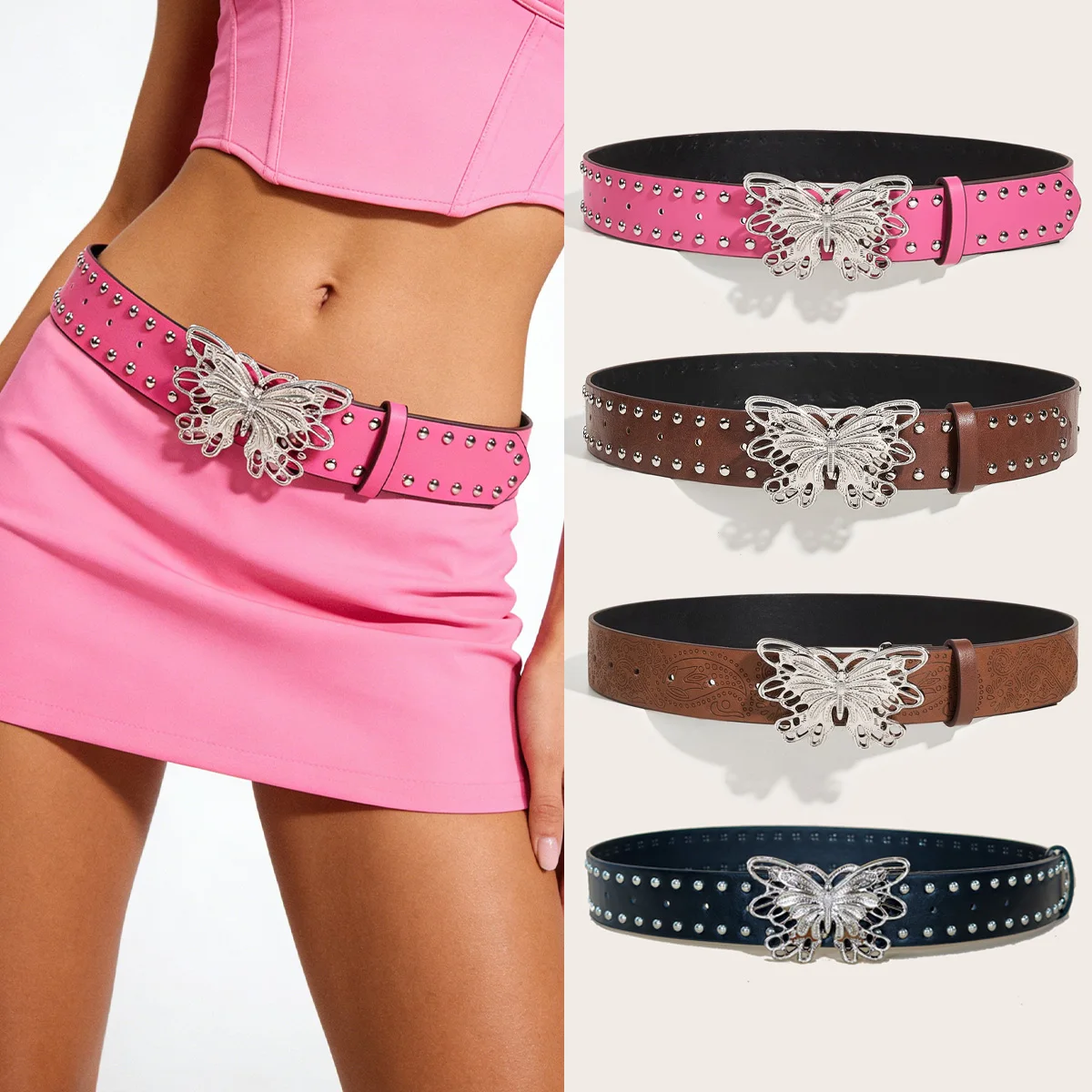 retro Punk style personalized retro embossed hollow Pink belt hot girl versatile gothic dark style Jeans belt For Women Y2K Belt