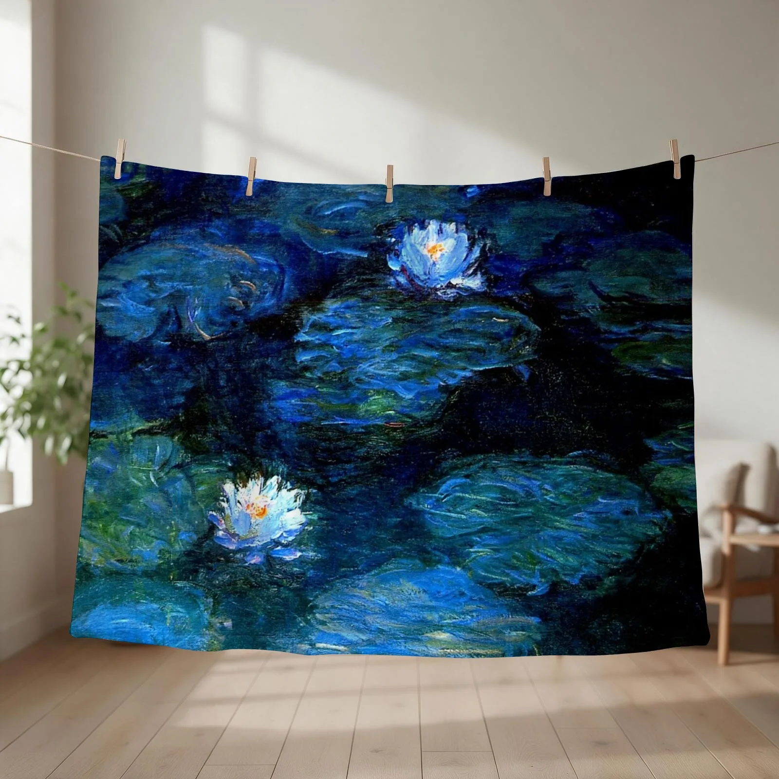 Water Lilies Monet deep blue Throw Blanket couch cozy soft plush fuzzy picnic outdoor blanket